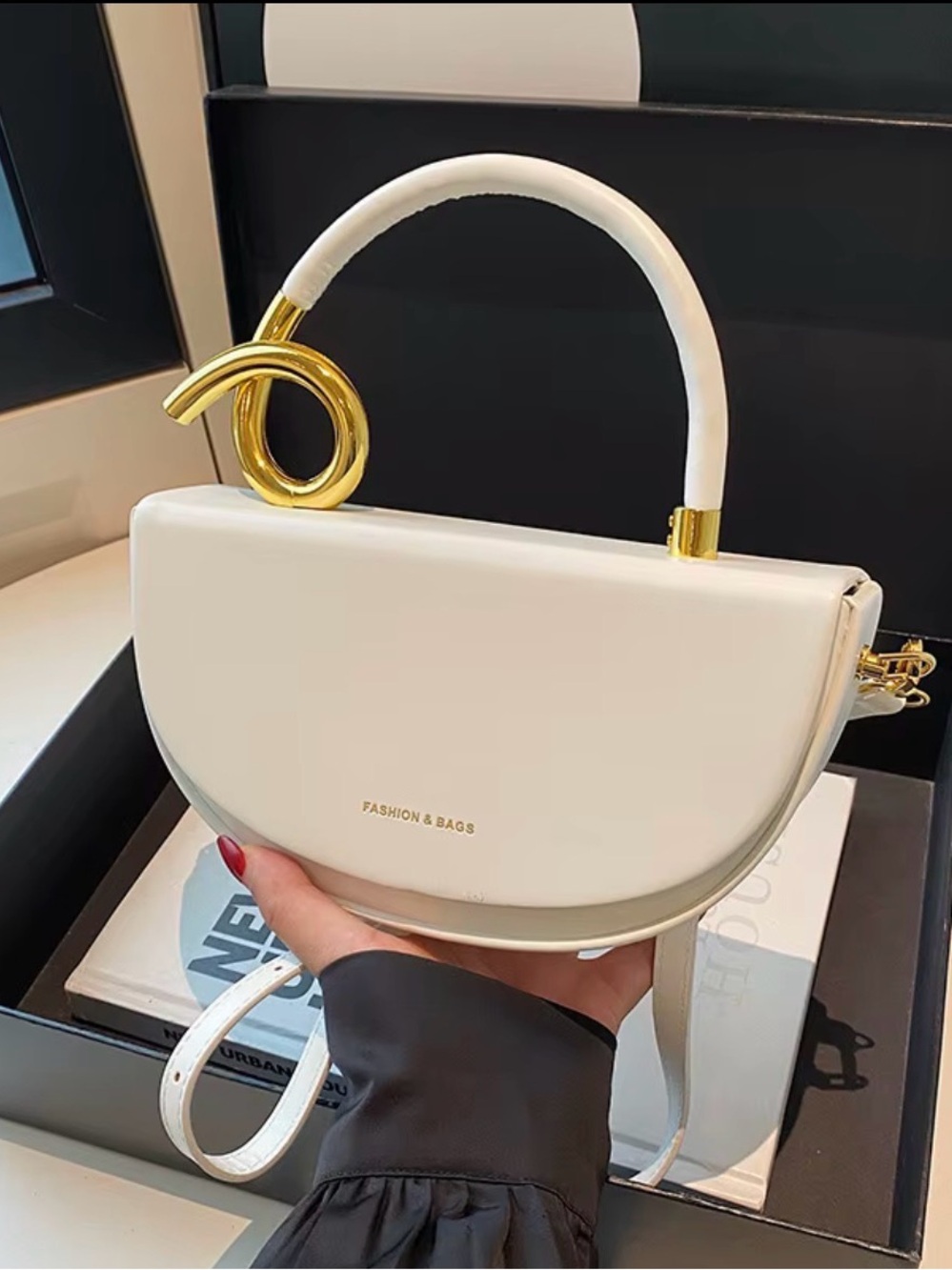 Fashion Bug Cream Half-Moon Top Handle Shoulder Bag with Gold Knot Accent